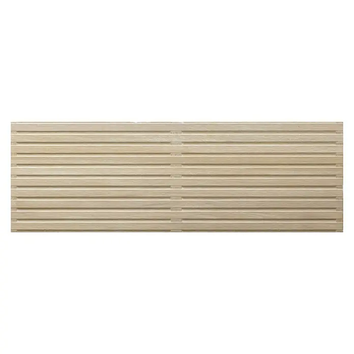 Wandfliese Spa Beige Dekor - 30 x 90 cm, Beige, Matt - Nahaufnahme einer Wandpaneel aus hellem Holz mit horizontalen Lamellen, die eine moderne und natürliche Ästhetik verleihen.