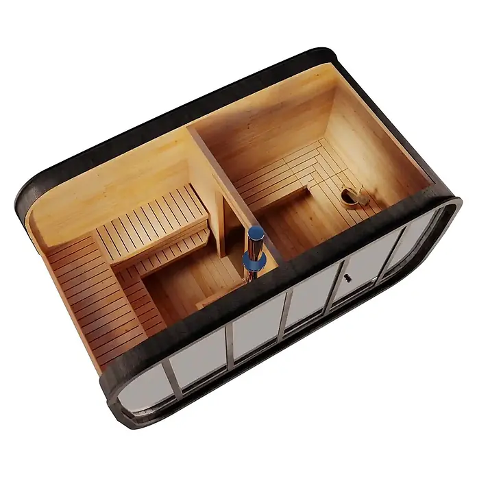 FinnTherm Fasssauna ScandiCube Space black Spiegelglas - Holz, L x B x H: 230 x 42 x 230 cm - Hölzerne Sauna mit dunkler Außenverkleidung und Glasfront, ausgestattet mit Bänken, Heizung und Eimer.