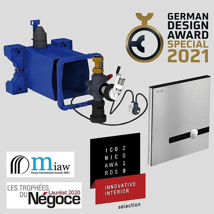 Delabie Betätigungsplatte Delabie TEMPOMATIC WC duale Steuerung UP Edelstahl 230/6V Set 2/2 -  - Blaue Unterputz-Installationsbox für Sanitärsysteme mit Ventil, Sensor und Edelstahl-Bedienplatte.