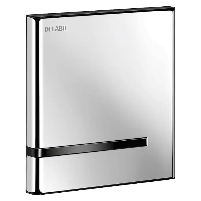 Delabie Betätigungsplatte Delabie Urinalsp. TEMPOMATIC 4 UP Edelstahl poliert 230/6V Set 2/2 -  - Poliertes Chrom-Modul mit schwarzer Oberkante und horizontalem schwarzem Akzentband. Mit 'DELABIE'-Logo.