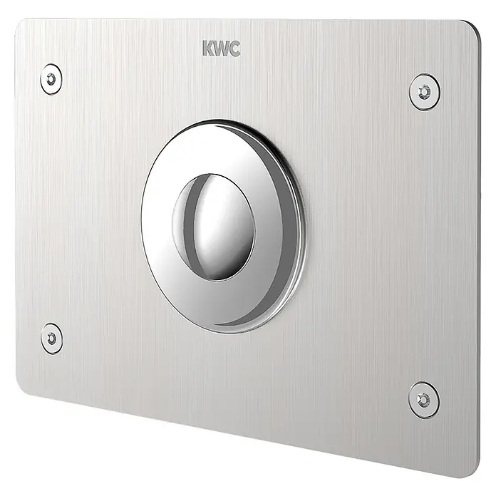KWC Waschbecken KWC -  - Gebürstete silberne Metall-Betätigungsplatte mit mittigem Chrom-Druckknopf und vier sichtbaren Sechskantschrauben, KWC-Markenlogo.