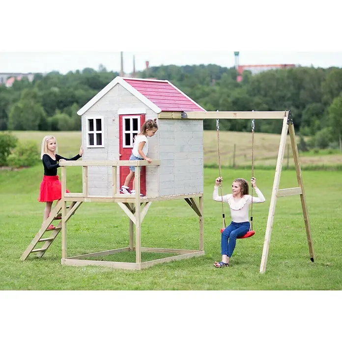Wendi Toys Spielhaus Zebra - Glas, Natur/Rot - Ein hölzernes Spielhaus mit Schaukel für Kinder im Garten, das zu Spaß und Bewegung im Freien einlädt. Perfekt für fantasievolle Spiele und Abenteuer.