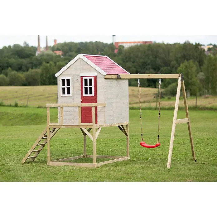Wendi Toys Spielhaus Zebra - Glas, Natur/Rot - Ein charmantes Spielhaus mit Schaukel, perfekt für stundenlangen Spaß im Garten, präsentiert sich in fröhlichen Farben und einladendem Design.
