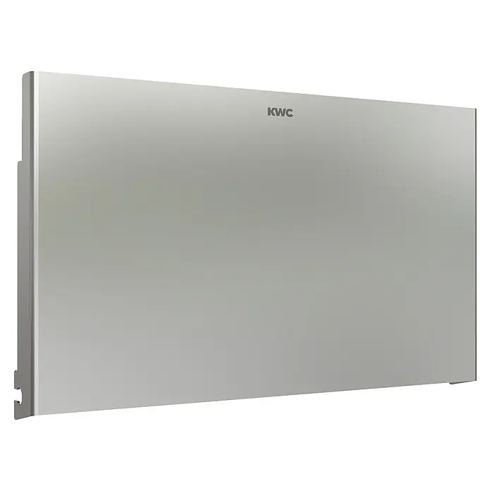KWC Waschbecken KWC -  - KWC hellgrauer rechteckiger Spiegel mit modernem Design und sichtbarem Seitenprofil.