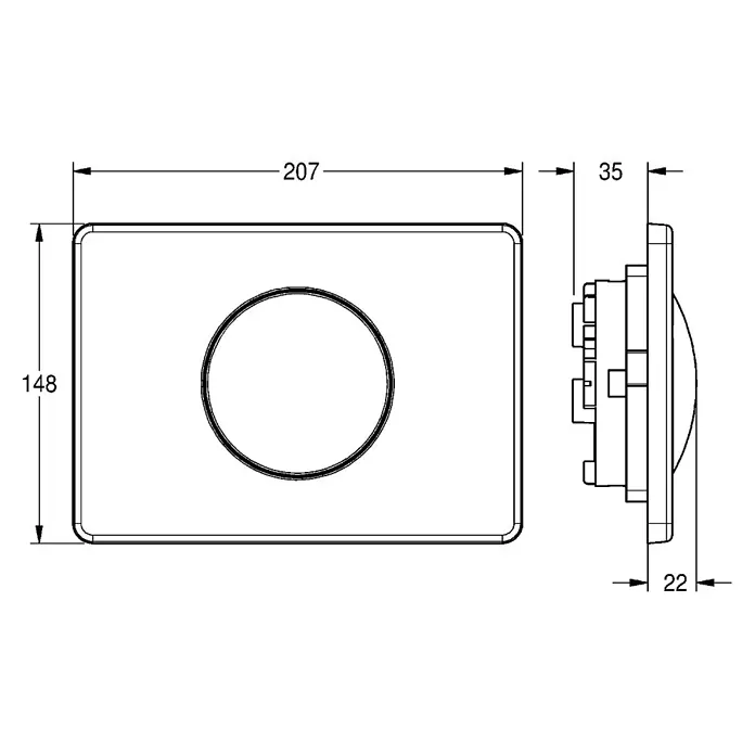 KWC Waschbecken KWC -  - Technische Zeichnung einer rechteckigen Spülplatte mit abgerundeten Ecken und zentralem runden Knopf, Maße 207x148x35 mm.