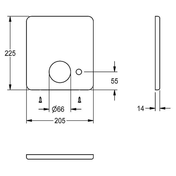 KWC Waschbecken KWC -  - Technische Zeichnung einer rechteckigen Platte mit abgerundeten Ecken, Maße: 225x205x14mm, mit ø66mm Ausschnitt und kleinerer runder Öffnung.