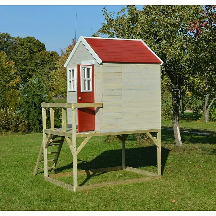 Wendi Toys Spielhaus Storch - Glas, Natur/Rot - Ein charmantes, erhöhtes Spielhaus mit rotem Dach, das sich perfekt für fantasievolles Spielen im Freien eignet.