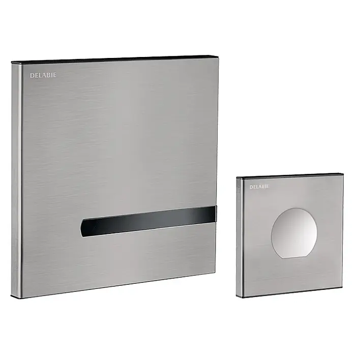 Delabie Betätigungsplatte Delabie WC-DrSp. TEMPOMATIC duale Strg. 3/4" UP Fernbetätigung 230/6V -  - Zwei gebürstete Edelstahl-Spülplatten von DELABIE; eine große mit schwarzem Balken, eine kleine mit runder Öffnung.