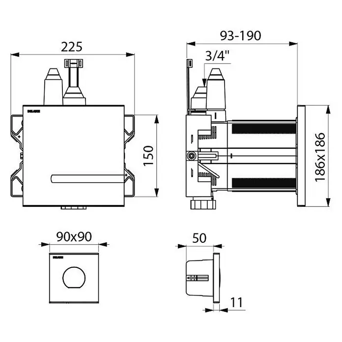 Delabie Betätigungsplatte Delabie WC-DrSp. TEMPOMATIC duale Strg. 3/4", UP, Fernbetätigung Batt. -  - Technische Zeichnung einer Sanitär-Installationseinheit mit Maßen. Verfügt über einen 3/4 Zoll Anschluss und eine Montageplatte.