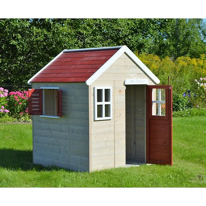 Wendi Toys Spielhaus Gecko - Glas, Natur/Rot - Hölzernes Spielhaus mit rotem Dach, weißen Fensterrahmen und einer offenen roten Tür auf einer grünen Wiese.