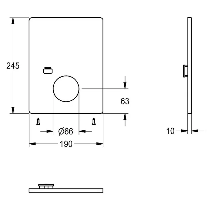 KWC Waschbecken KWC -  - Technische Zeichnung einer rechteckigen Betätigungsplatte mit Taste und 66mm runder Öffnung, 245x190x10mm.