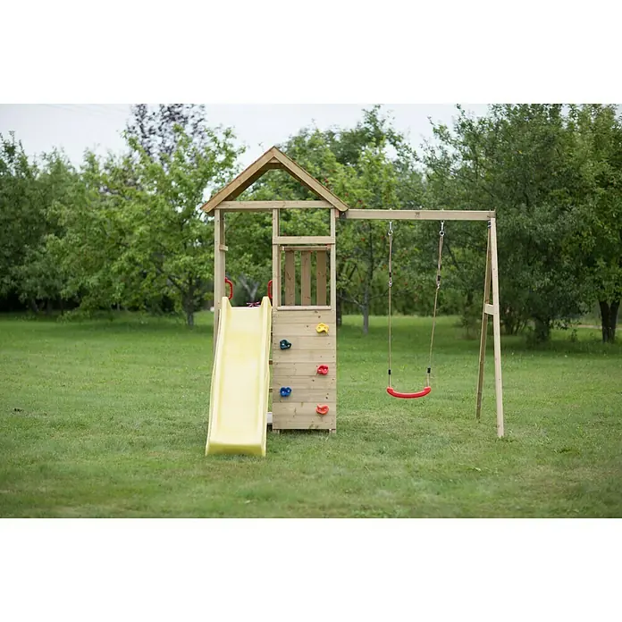 Wendi Toys Kinderspielturm Pelikan - Natur/Gelb - Abenteuerspielplatz aus Holz mit Rutsche, Kletterwand und Schaukel für Kinder zum Spielen und Spaß haben im Garten.