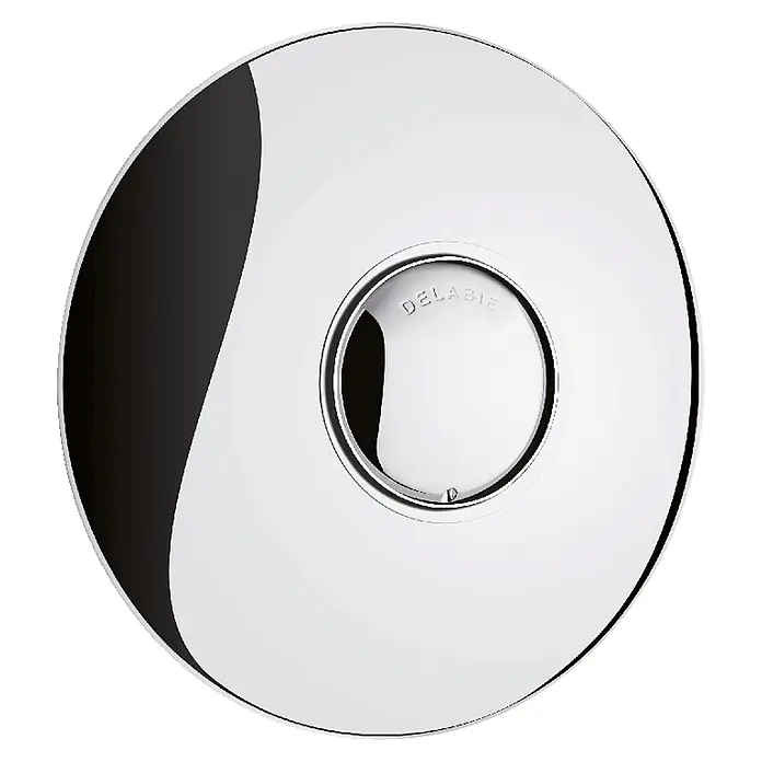 Delabie Betätigungsplatte Delabie WC-DrSp.TEMPOFLUX2 Einmengensp.6l f.Inst.Sys TEMPOFIX3 Set2/2 -  - Verchromte runde Bedienplatte mit DELABIE-Logo für eine Armatur.