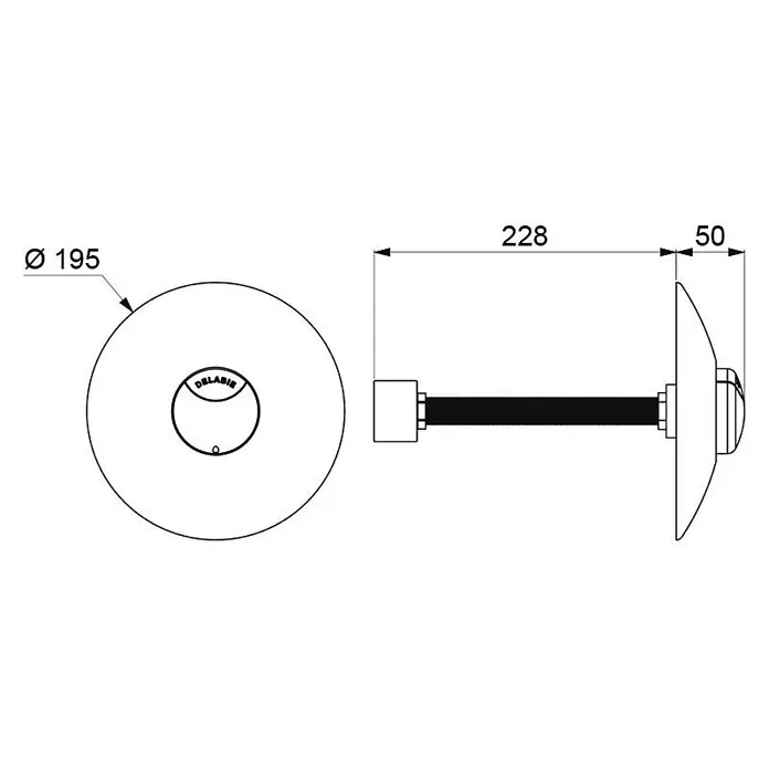 Delabie Betätigungsplatte Delabie WC-DrSp. T.FLUX2 Zweimengensp.f.Inst.Sys T.FIX3 70-130mm 2/2 -  - Technische Zeichnung: Ø195mm Rundfitting mit Gewindestange. Gesamtlänge 228mm, Vorderteil 50mm.