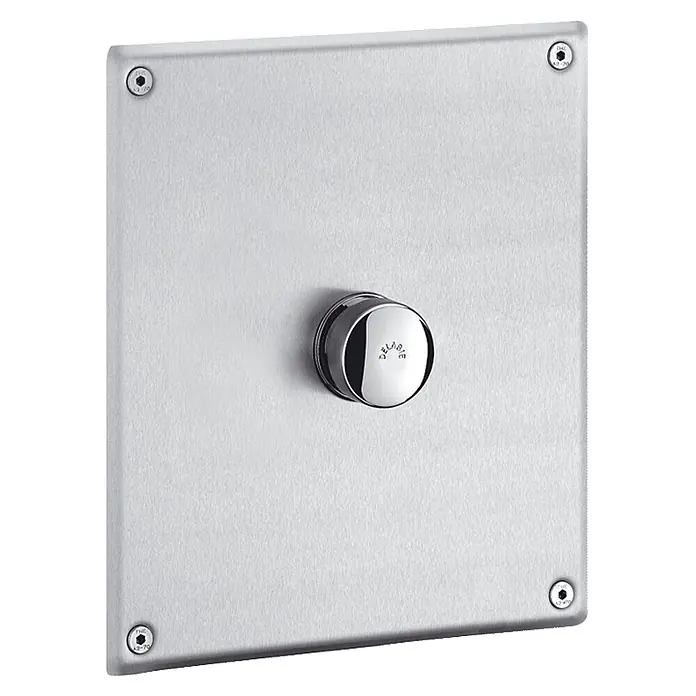 Delabie Betätigungsplatte Delabie Druckspüler TEMPOFLUX WC G3/4B UP/Pl. Edst. 220x170mm,7 Sek. -  - DELABIE quadratische Platte aus gebürstetem Metall mit einem zentralen verchromten Druckknopf und vier Sechskantschrauben.