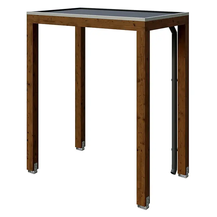 SKAN HOLZ Vordach Flensburg - 200 x 125 x 237 cm, Nussbaum - Dunkelbrauner Holzpergola-Rahmen mit schwarzem Flachdach, silberner Blende und integriertem schwarzem Fallrohr.