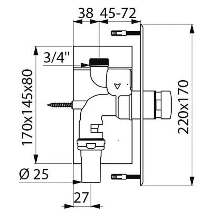Delabie Betätigungsplatte Delabie Druckspüler TEMPOFLUX WC G3/4B UP/Pl. Edst. 220x170mm,7 Sek. -  - Technische Zeichnung eines Unterputz-Duschmischers mit Maßen für die Installation, inkl. 3/4" Anschluss.