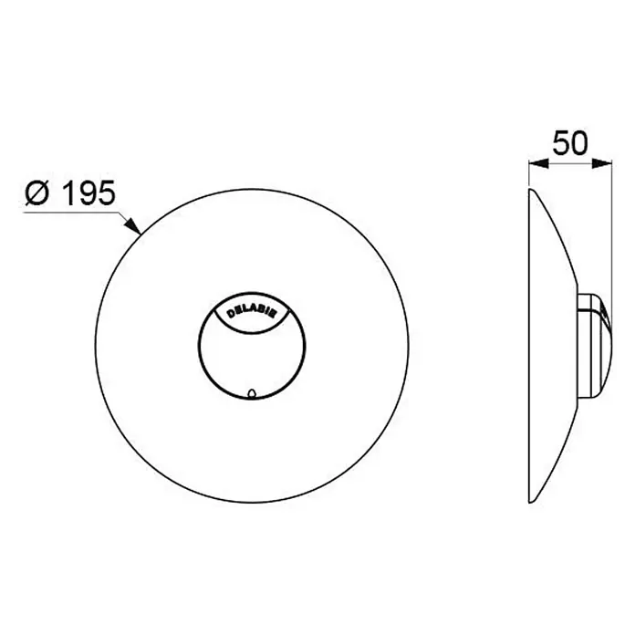 Delabie Betätigungsplatte Delabie WC-DrSp. TEMPOFLUX 2 Zweimengensp.3l/6l f.Inst.Sys T.FIX3 2/2 -  - Bemaßte technische Zeichnung einer runden Sanitärkomponente, Ø195mm x 50mm, mit DELABIE-Logo.