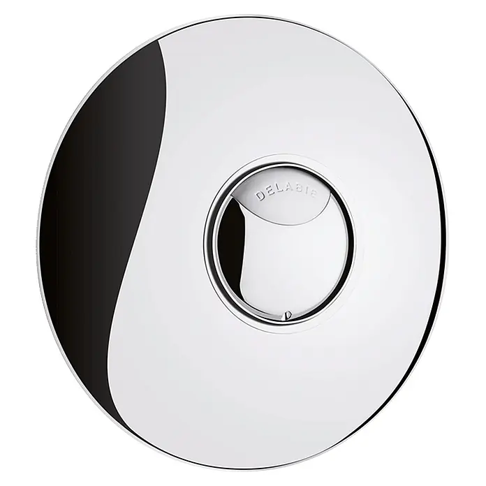 Delabie Betätigungsplatte Delabie WC-DrSp. TEMPOFLUX 2 Zweimengensp.3l/6l f.Inst.Sys T.FIX3 2/2 -  - Verchromte runde Betätigungsplatte mit mittigem Druckknopf und „DELABIE“-Schriftzug.