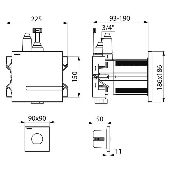 Delabie Betätigungsplatte Delabie WC-DrSp. TEMPOMATIC duale Strg. 3/4" UP Fernbetätigung 230/6V -  - Technische Zeichnung eines Unterputz-Installationsmoduls mit einstellbarer Tiefe, Hauptgerät- und Bedienfeldmaßen.