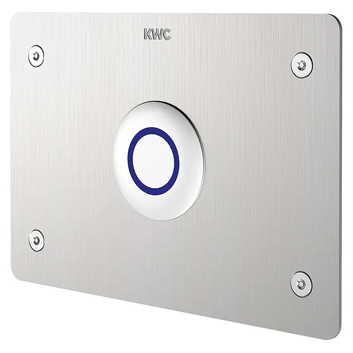 KWC Waschbecken KWC -  - Gebürstete Metall-Bedienplatte KWC mit zentralem weißen Knopf mit blauem Ring. Mit vier Schrauben befestigt.