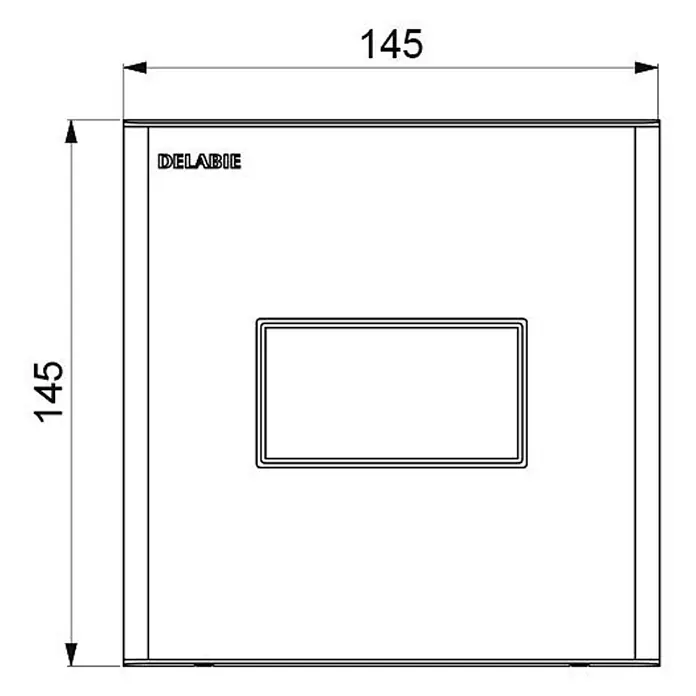 Delabie Betätigungsplatte Delabie Urinalspüler TEMPOFLUX UP Edst. satiniert 3 Sek. Set 2/2 -  - Technische Zeichnung: 145x145mm quadratische Platte mit 'DELABIE'-Logo und zentraler rechteckiger Aussparung.