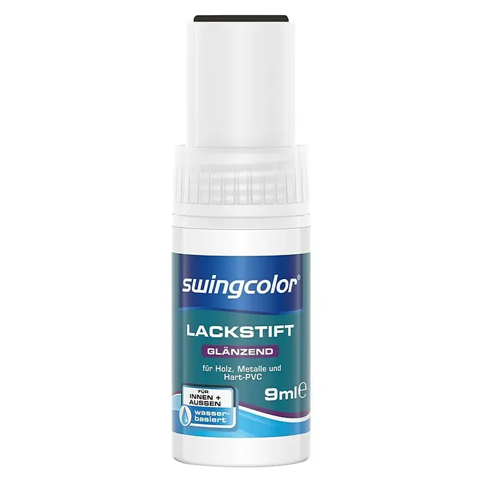 swingcolor Buntlack Acryl Lackstift - Schwarz, Glänzend, 9 ml, Wasserbasiert - Produktabbildung eines weißen swingcolor Lackstift, glänzend, für Holz, Metalle und Hart-PVC. Füllmenge: 9ml, wasserbasiert.