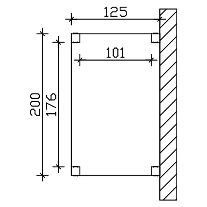 SKAN HOLZ Vordach Flensburg - 200 x 125 x 237 cm, Natur - Technische Zeichnung eines rechteckigen Bauteils mit Außenmaßen 200x125 und Innenmaßen 176x101, möglicherweise zur Wandmontage.