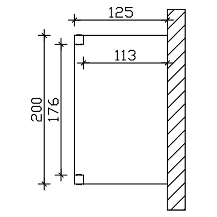 SKAN HOLZ Vordach Fehmarn - 200 x 125 x 237 cm, Eiche hell - Technische Zeichnung einer rechteckigen Wandhalterung mit Maßen: Gesamthöhe 200, Tiefe 125, Innenhöhe 176, Innentiefe 113.