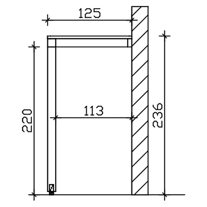 SKAN HOLZ Vordach Fehmarn - 200 x 125 x 237 cm, Eiche hell - Technische Zeichnung einer wandmontierten Ablage/Konsole, mit Maßen: Höhe 220, Tiefe 125, Freiraum 113.