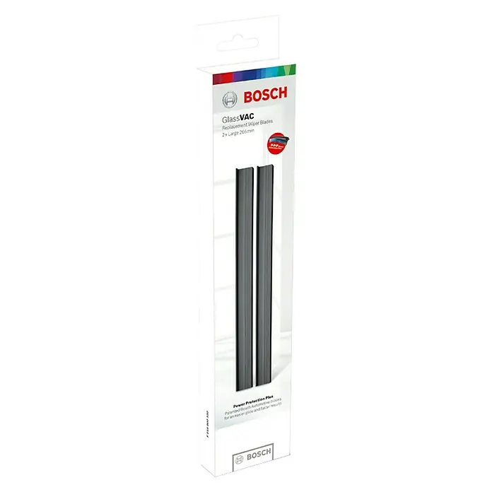 Bosch Ersatz-Wischblätter Lang - Passend für: Bosch Fenstersauger GlassVac - Produktverpackung von Bosch GlassVAC Scheibenwischerblätter (2 Stück). Für müheloses Gleiten und schnellere Ergebnisse beim Reinigen.