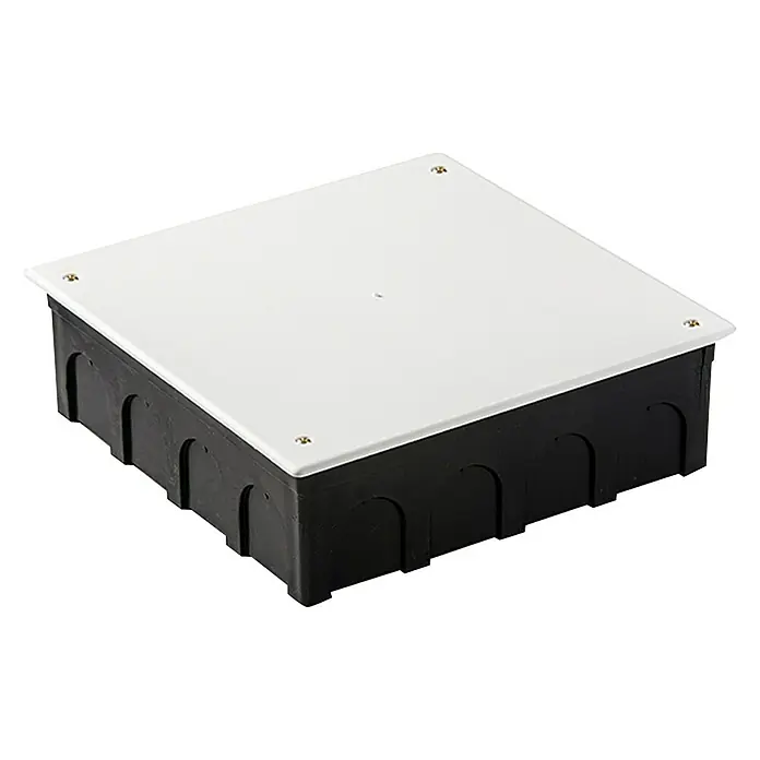 Famatel Caja de empotrar con tapa y tornillos - 20 cm x 20 cm x 60 mm, Con tapa, Blanco, 1 ud. - Una caja de conexiones cuadrada negra con una tapa blanca, sujeta con tornillos dorados.