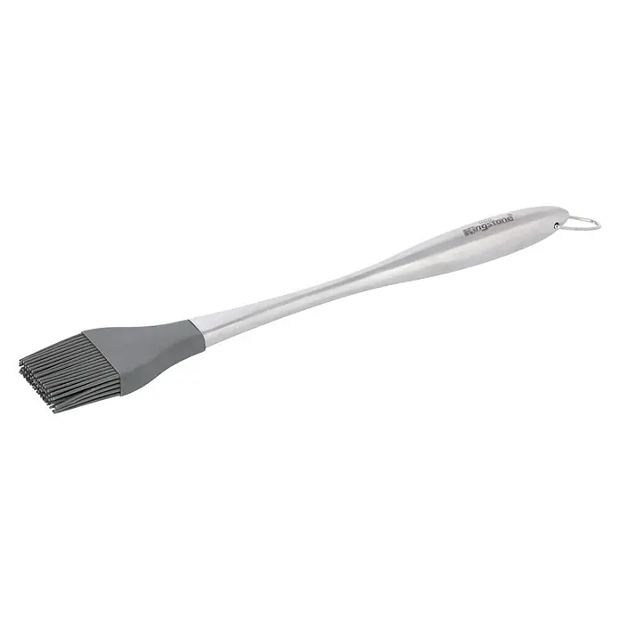 Kingstone Grillbesteck - Länge: 30 cm, Silikon, Edelstahl, Schwarz/Silber - Silikon-Backpinsel mit grauem Borstenkopf und silberfarbenem Griff mit dem Schriftzug „Kingstone“ zum Verteilen von Marinaden.