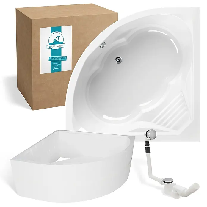 Calmwaters Eckbadewanne Curved Wellness -  - Weiße Eckbadewanne mit Stützrahmen und Chrom-Ablaufgarnitur, zusammen mit der Verpackung.