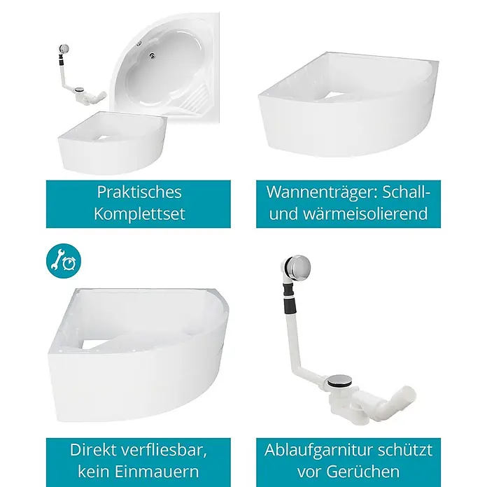 Calmwaters Eckbadewanne Curved Wellness -  - Weißes Eckbadewannen-Set mit schall- und wärmeisolierendem, verfliesbarem Wannenträger und Ablaufgarnitur.