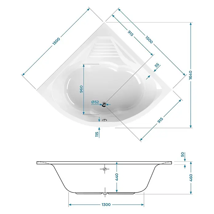 Calmwaters Eckbadewanne Curved Wellness -  - Weißer Eckbadewannentyp mit Maßangaben, in Draufsicht und Seitenansicht.