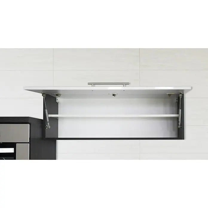 Respekta Premium Küchenzeile RP250EWCBO - Breite: 250 cm, Weiß, Mit Elektrogeräten - Geöffneter Küchenschrank mit weißer Tür und silbernem Griff, der moderne Stauraumlösungen und Funktionalität in der Küche bietet.