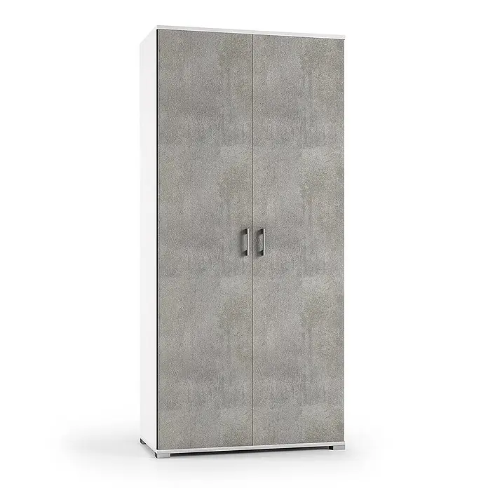Kiamami Valentina Holz-Mehrzweckschrank - 90 x 47 x 195 cm, Weiss, Grau - Zweitüriger Kleiderschrank mit grauer Betonoptik-Front, weißen Seiten und silbernen Griffen.