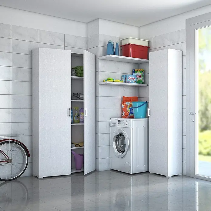 Kiamami Valentina Holz-Mehrzweckschrank - 90 x 47 x 195 cm, Weiß - Weißes Waschküchen-Stauraumsystem mit Schränken und Regalen für Waschmittel.