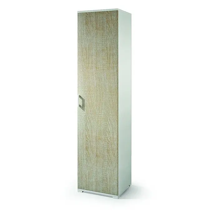 Kiamami Valentina Holz-Mehrzweckschrank - 45 x 47 x 195 cm, Weiss, Beige - Schlanker Schrank mit heller Holzmaserungstür, weißem Korpus und Metallgriff.