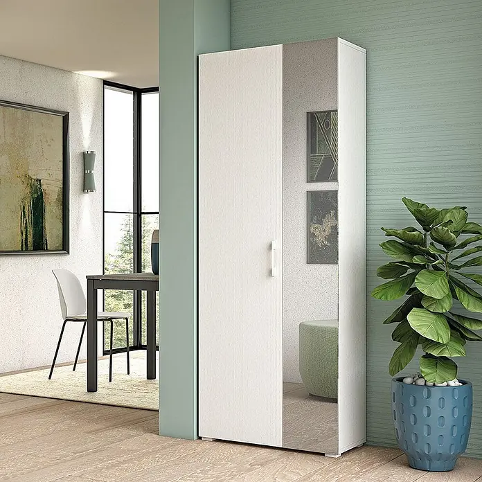 Kiamami Valentina Holz-Mehrzweckschrank - 72 x 37 x 195 cm, Weiß - Hoher weißer Schrank mit einer strukturierten und einer verspiegelten Tür, ideal für vielseitigen Stauraum und einen Ganzkörperspiegel.