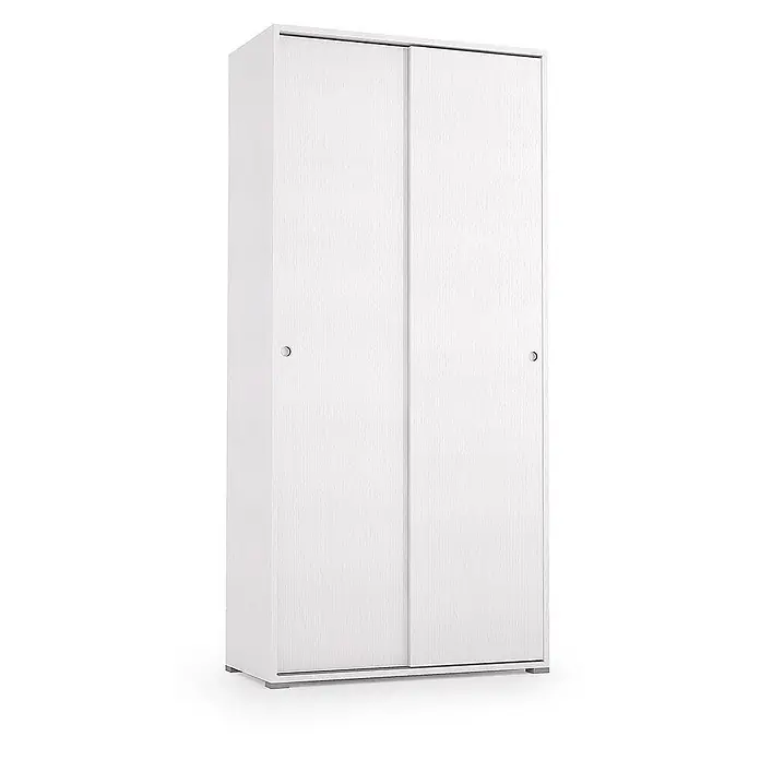Kiamami Valentina Holz-Mehrzweckschrank - 90 x 47 x 195 cm, Weiß - Weißer Kleiderschrank mit zwei Schiebetüren und kleinen Griffen.