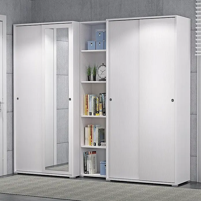 Kiamami Valentina Holz-Mehrzweckschrank - 90 x 47 x 195 cm, Weiß - Weißes modulares Schranksystem mit Schiebetüren, einer Spiegeltür und einem zentralen Bücherregal für Dekorationen.