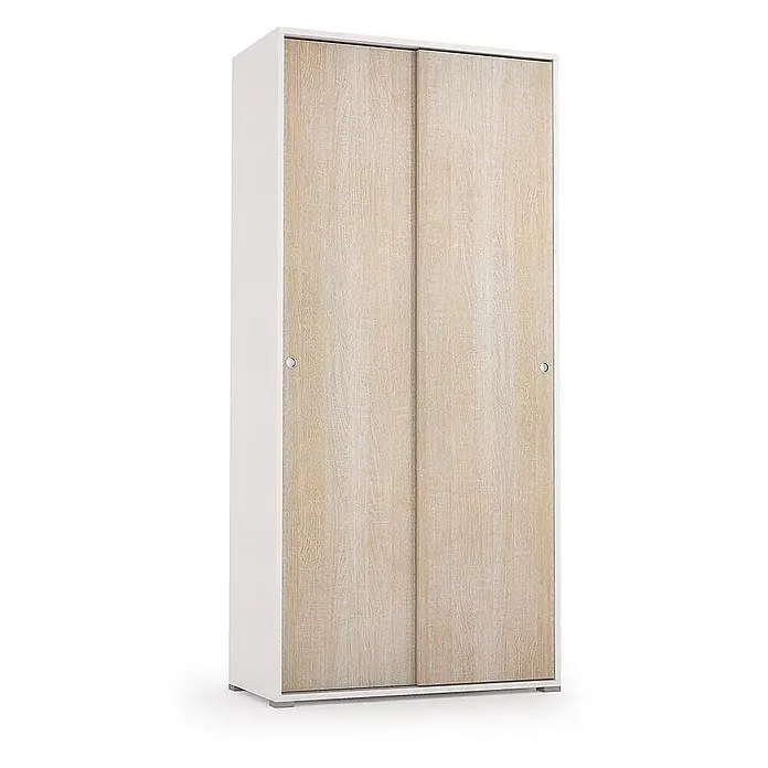 Kiamami Valentina Holz-Mehrzweckschrank - 90 x 47 x 195 cm, Beige, Weiss - Weißer Kleiderschrank mit zwei hellen Schiebetüren in Holzoptik und runden Griffen.