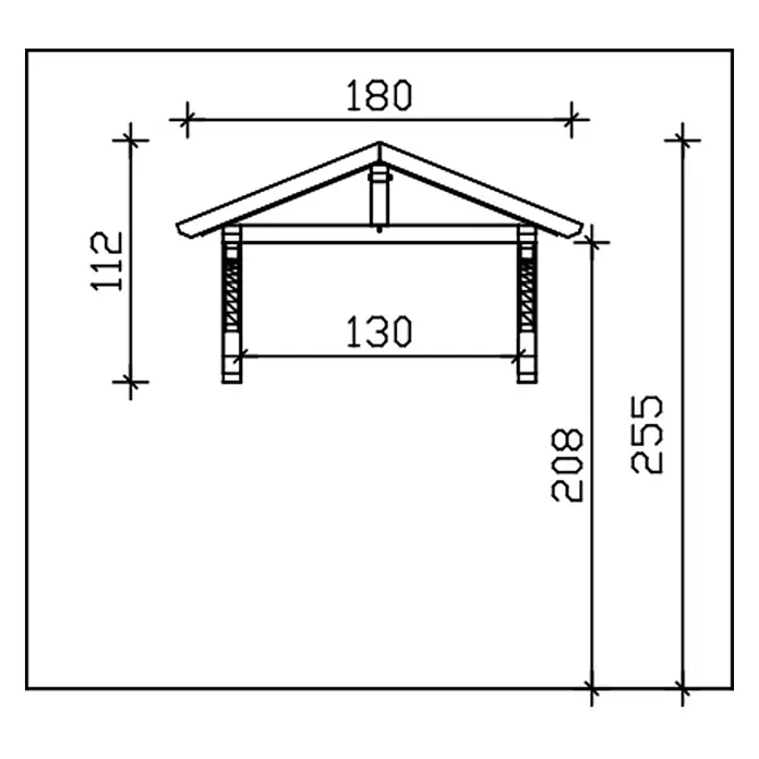 SKAN HOLZ Giebelvordach Stettin - 180 x 80 x 112 cm, Schiefergrau - Technische Zeichnung eines Holzfutterhauses mit Satteldach, Maße angegeben.