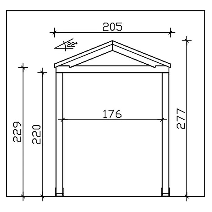SKAN HOLZ Giebelvordach Sassnitz - 205 x 127 x 277 cm, Weiß - Technische Zeichnung eines Giebelschuppen- oder Carport-Rahmens mit Maßen und 22-Grad-Dachneigung.