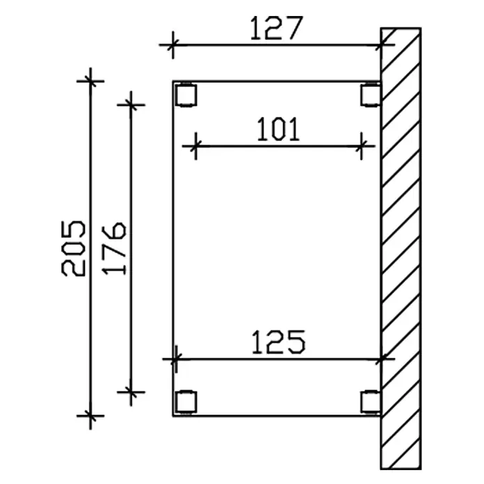 SKAN HOLZ Giebelvordach Sassnitz - 205 x 127 x 277 cm, Weiß - Technische Zeichnung eines rechteckigen, an einer Wand befestigten Objekts mit Maßen 205, 176, 127, 101 und 125.