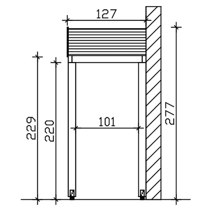 SKAN HOLZ Giebelvordach Sassnitz - 205 x 127 x 277 cm, Weiß - Technische Zeichnung eines Unterputz-Rollosystems mit Breiten- (101-127) und Höhenmaßen (220-277).