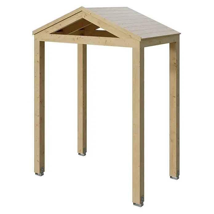 SKAN HOLZ Giebelvordach Sassnitz - 205 x 127 x 277 cm, Natur - Helle Holzpergola mit Satteldach, robusten Pfosten und Metallverbindern am Sockel.