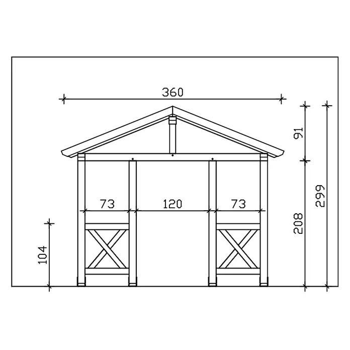 SKAN HOLZ Giebelvordach Stralsund 5 - 360 x 139 x 299 cm, Nussbaum - Detaillierte technische Zeichnung eines Holzpavillons, Vorderansicht mit Maßen.